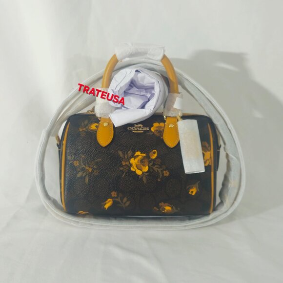 Mini Rowan Crossbody Bag In Signature Canvas Floral Print CCF31 Walnut Yellow - Picture 6 of 16